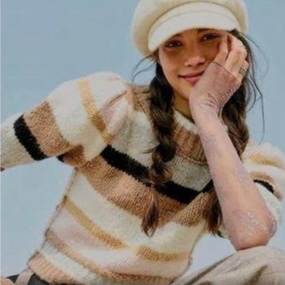 Free People Striped Scoop Neck Sweater in Cream, Tan & Black